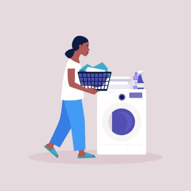 Kirli çamaşır sepetini tutan genç bir kadın. Yıkama konsepti. Renkli düz vektör illüstrasyonu