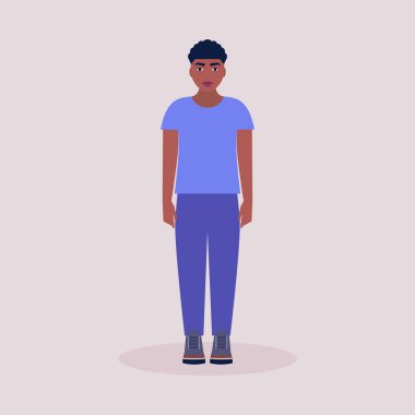 Ayakta duran genç bir adamın tasviri. Düz bir şekilde vektör illüstrasyonu