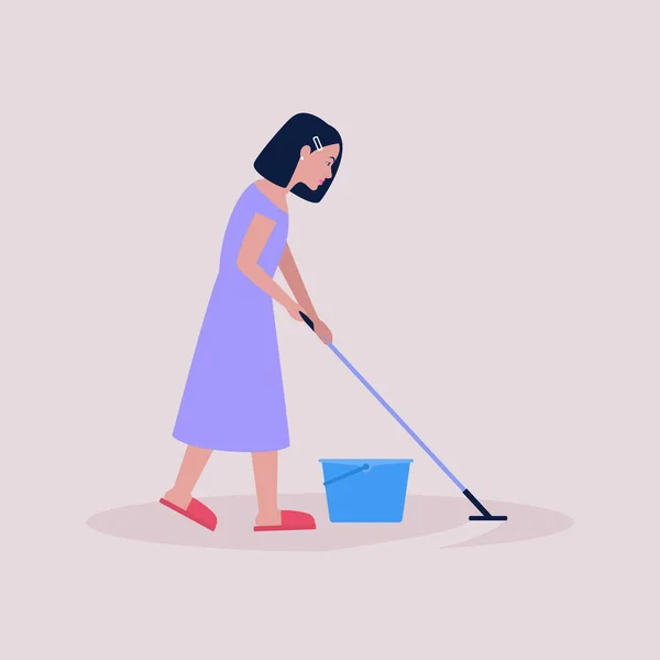 Girl washes the floor. Young beautiful happy woman cleans the floor with a  wet mop. Housekeeper does the cleaning. Vector illustration isolated on whi  Stock Vector Image & Art - Alamy