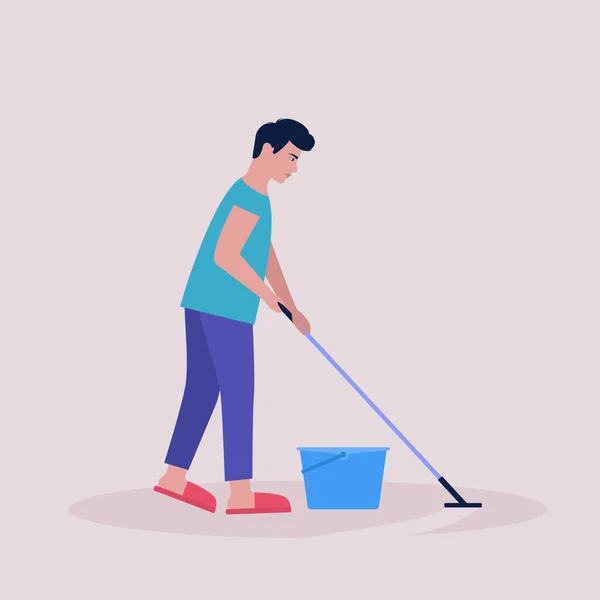 Młody Człowiek Myjący Podłogi Koncepcja Sprzątania Kolorowe Płaski Wektor Ilustracji — Wektor stockowy