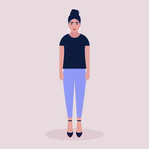 立っている若い女性のイラスト 平面図のベクトル図 — ストックベクタ