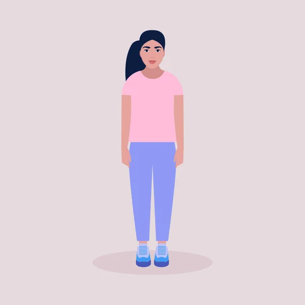 立っている若い女性のイラスト 平面図のベクトル図 — ストックベクタ