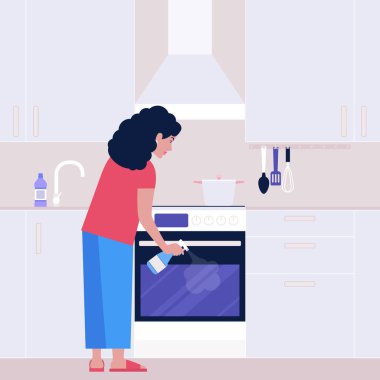 Genç bir kadın mutfakta fırını yıkıyor. Oda servisi kavramı. Renkli düz vektör çizimi