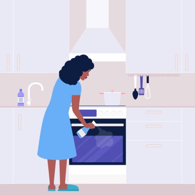 Genç bir kadın mutfakta fırını yıkıyor. Oda servisi konsepti. Renkli düz vektör illüstrasyonu