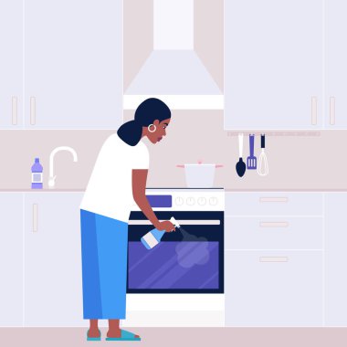 Genç bir kadın mutfakta fırını yıkıyor. Oda servisi konsepti. Renkli düz vektör illüstrasyonu