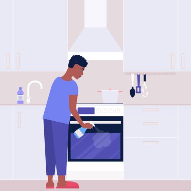 Genç adam mutfakta fırını yıkar. Oda servisi konsepti. Renkli düz vektör illüstrasyonu