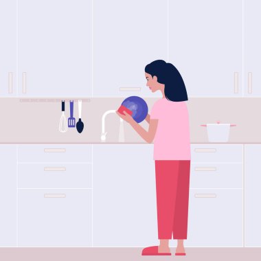 Genç bir kadın mutfakta tabak yıkıyor. Oda servisi konsepti. Renkli düz vektör illüstrasyonu