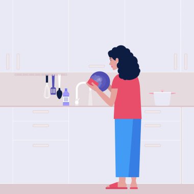 Genç bir kadın mutfakta tabak yıkıyor. Oda servisi konsepti. Renkli düz vektör illüstrasyonu