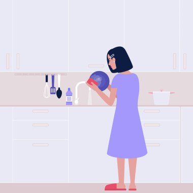 Genç bir kadın mutfakta tabak yıkıyor. Oda servisi konsepti. Renkli düz vektör illüstrasyonu