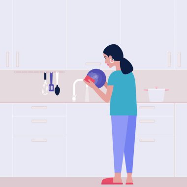 Genç bir kadın mutfakta tabak yıkıyor. Oda servisi konsepti. Renkli düz vektör illüstrasyonu