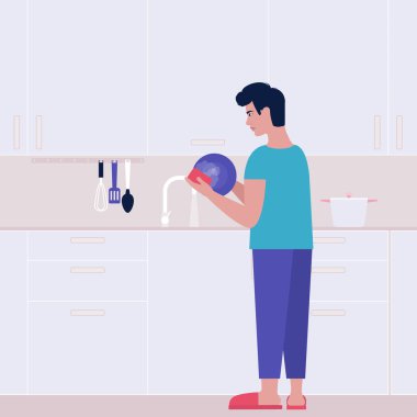 Genç adam mutfakta bir tabak yıkıyor. Oda servisi konsepti. Renkli düz vektör illüstrasyonu