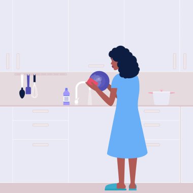 Genç bir kadın mutfakta tabak yıkıyor. Oda servisi konsepti. Renkli düz vektör illüstrasyonu