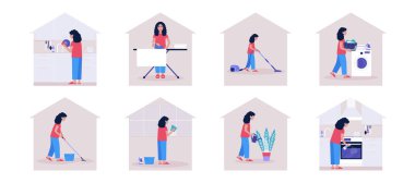 Oda servisi konsepti. Daireyi temizleyen genç kadın (ütü ve çamaşır, temizlik ve mutfak ve bulaşıklar). Renkli düz vektör çizimi