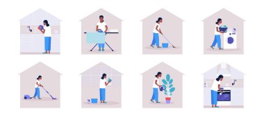 Oda servisi konsepti. Daireyi temizleyen genç kadın (ütü ve çamaşır, temizlik ve mutfak ve bulaşıklar). Renkli düz vektör illüstrasyonu