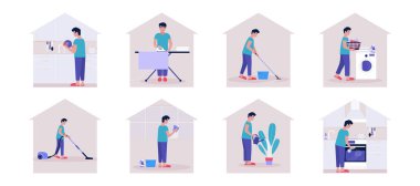 Oda servisi konsepti. Genç adam daireyi temizliyor (ütü ve çamaşır, temizlik ve mutfak ve bulaşıklar). Renkli düz vektör illüstrasyonu