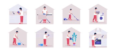 Oda servisi konsepti. Genç adam daireyi temizliyor (ütü ve çamaşır, temizlik ve mutfak ve bulaşıklar). Renkli düz vektör illüstrasyonu