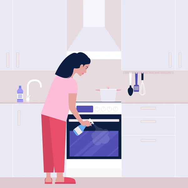 Wanita Muda Mencuci Oven Dapur Gambar Vektor Datar Berwarna Colorful - Stok Vektor