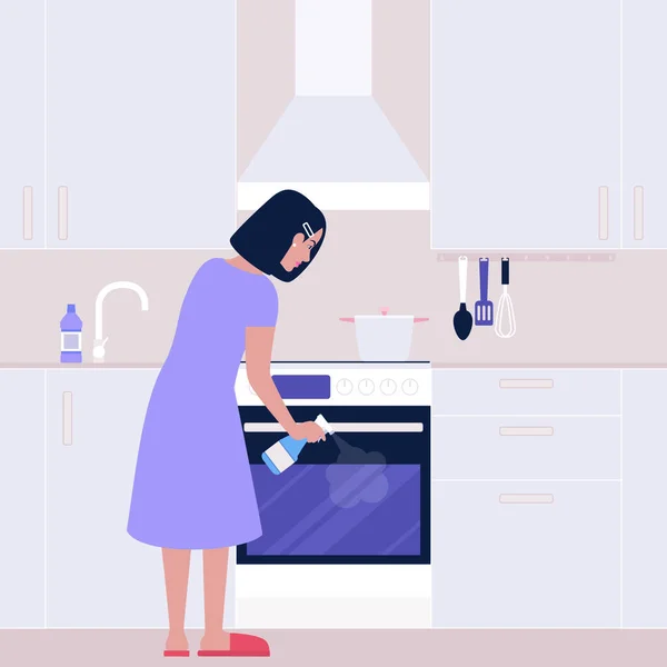 Jonge Vrouw Wast Oven Keuken Huishouding Concept Kleurrijke Vlakke Vector — Stockvector