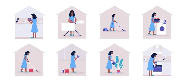 家事の概念 アパートを掃除している若い女性 アイロンと洗濯服 キッチンと食器洗い機 カラフルなフラットベクトルイラスト — ストックベクタ