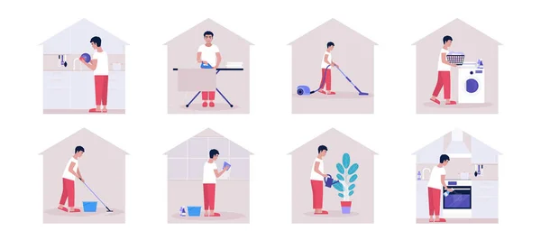 Housekeeping Concept Young Man Cleaning Apartment Ironing Washing Clothes Vacuuming — Stock Vector