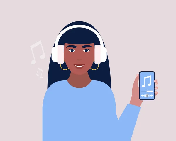 Écoutez Concept Musique Jeune Femme Tient Téléphone Portable Avec Musique — Image vectorielle