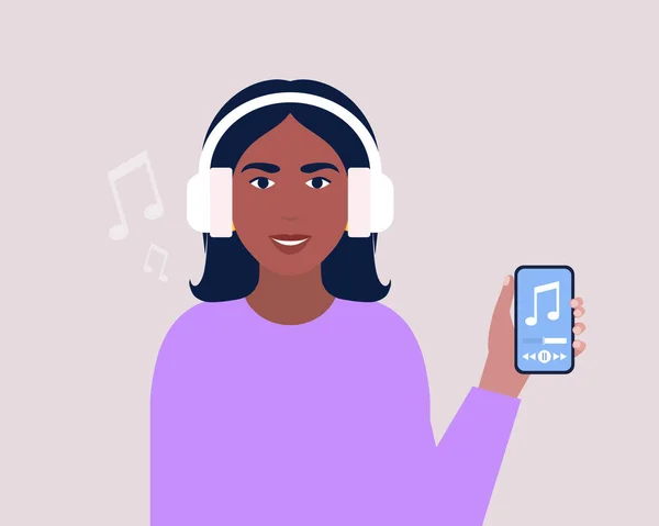 Écoutez Concept Musique Jeune Femme Tient Téléphone Portable Avec Musique — Image vectorielle
