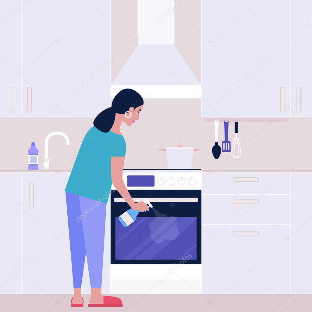 Young woman washes the oven in the kitchen. Housekeeping concept.Colorful flat vector illustration