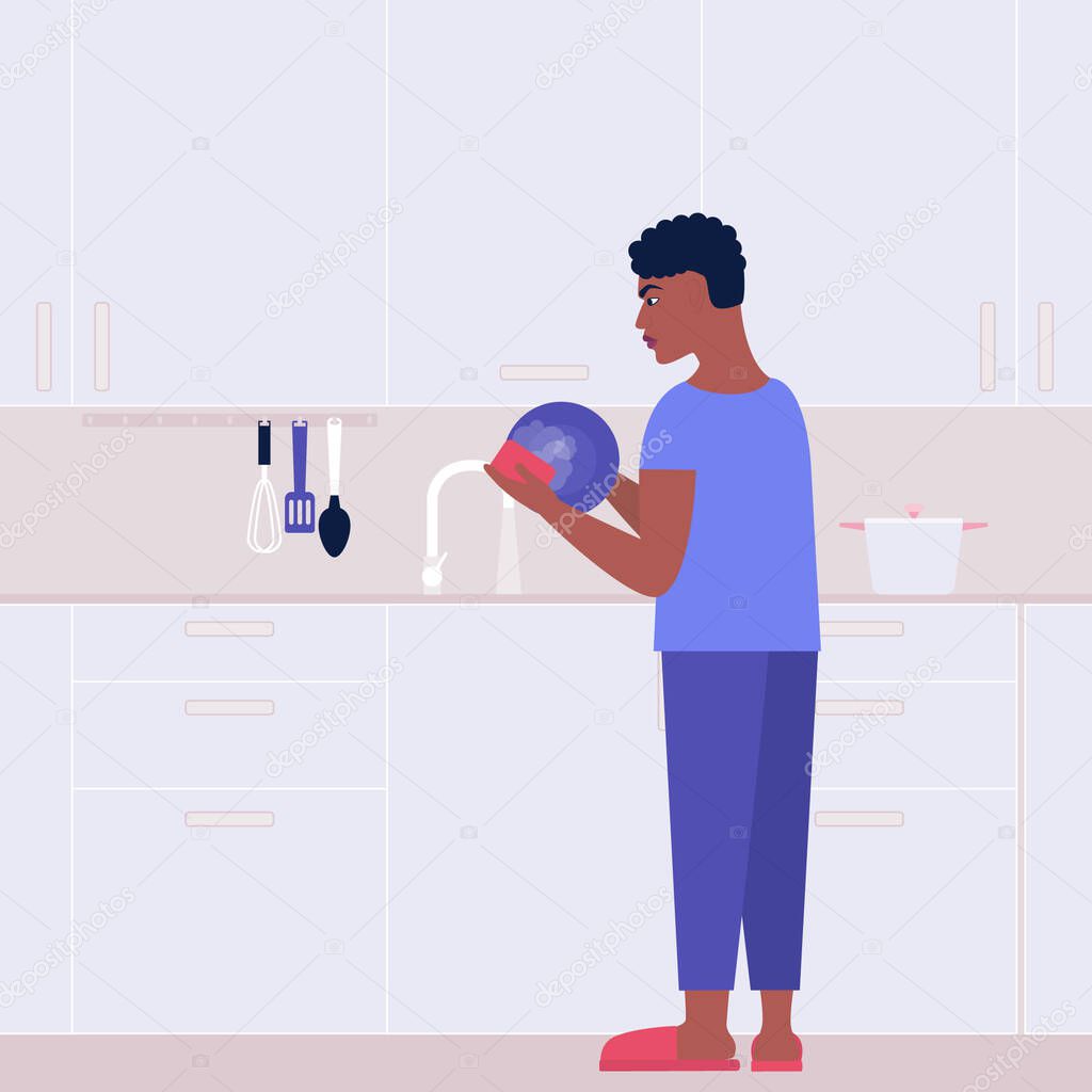 Young man washing a plate in the kitchen. Housekeeping concept. Colorful flat vector illustration