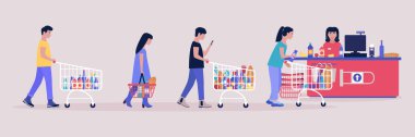 Süpermarketteki insanların tasviri. Renkli düz vektör illüstrasyonu