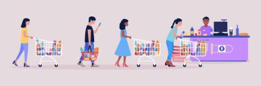 Süpermarketteki insanların tasviri. Renkli düz vektör illüstrasyonu