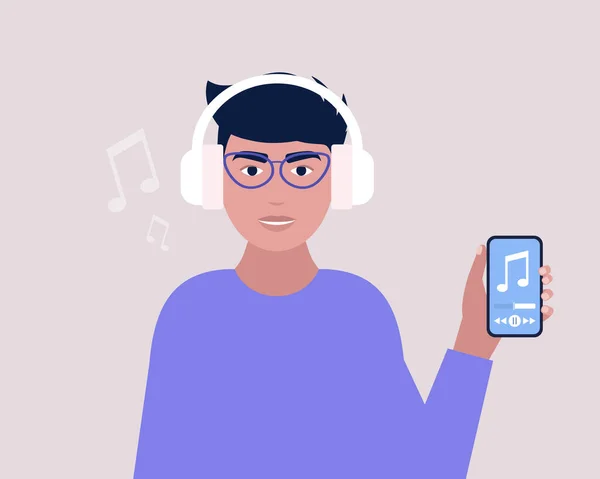Écoutez Concept Musique Jeune Homme Tient Téléphone Portable Avec Musique — Image vectorielle