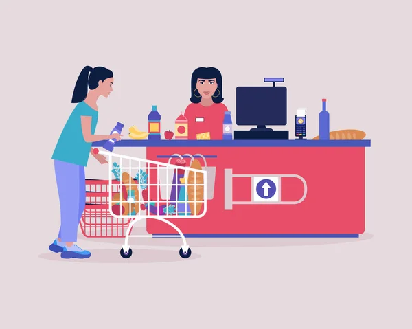 Young Woman Buying Groceries Supermarket Checkout Colorful Flat Vector Illustration — Stock Vector