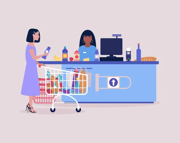 Young Woman Buying Groceries Supermarket Checkout Colorful Flat Vector Illustration — Stock Vector