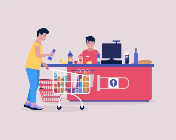 年轻人在超市的收银台买日用品 彩色平面矢量插图 — 图库矢量图片