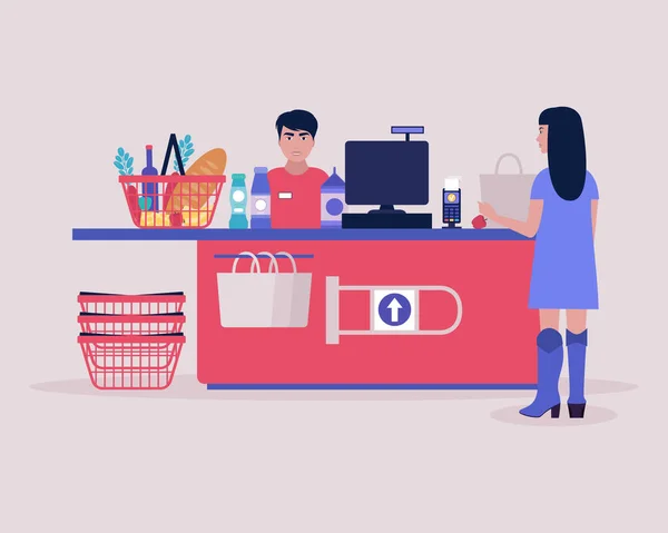 Młoda Kobieta Kupująca Zakupy Supermarkecie Kolorowe Płaski Wektor Ilustracji — Wektor stockowy