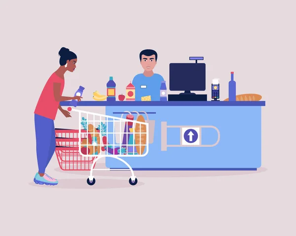 Una Joven Comprando Comestibles Supermercado Ilustración Vector Plano Colorido — Vector de stock