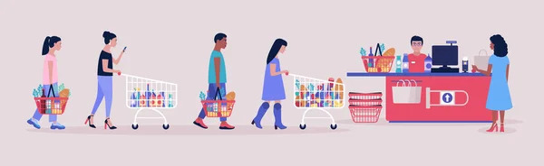 Иллюстрация Людей Супермаркете Цветная Плоская Векторная Иллюстрация — стоковый вектор