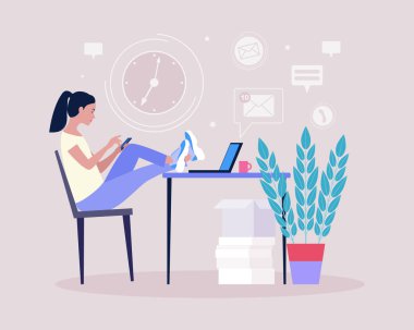 Erteleme konsepti. Genç bir kadın telefonda dinleniyor ya da dikkati dağınık. Haberleri ya da sosyal ağları izliyor. Düz bir şekilde vektör illüstrasyonu