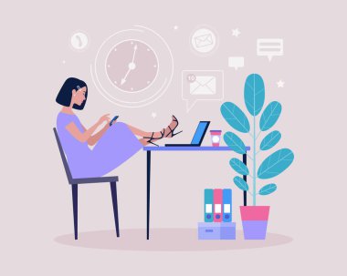 Erteleme konsepti. Genç bir kadın telefonda dinleniyor ya da dikkati dağınık. Haberleri ya da sosyal ağları izliyor. Düz bir şekilde vektör illüstrasyonu