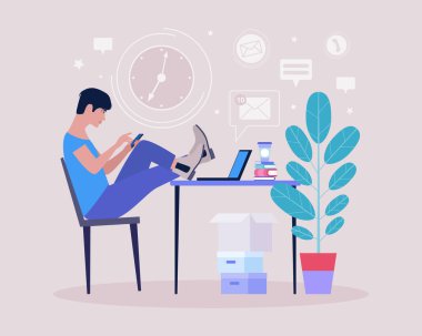 Erteleme konsepti. Genç adam telefonda dinleniyor ya da dikkati dağılıyor. Haberleri ya da sosyal ağları izliyor. Düz bir şekilde vektör illüstrasyonu