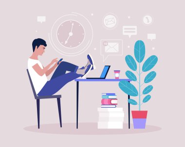 Erteleme konsepti. Genç adam telefonda dinleniyor ya da dikkati dağılıyor. Haberleri ya da sosyal ağları izliyor. Düz bir şekilde vektör illüstrasyonu