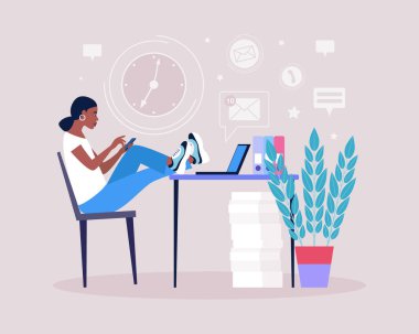 Erteleme konsepti. Genç bir kadın telefonda dinleniyor ya da dikkati dağınık. Haberleri ya da sosyal ağları izliyor. Düz bir şekilde vektör illüstrasyonu