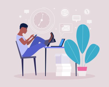 Erteleme konsepti. Genç adam telefonda dinleniyor ya da dikkati dağılıyor. Haberleri ya da sosyal ağları izliyor. Düz bir şekilde vektör illüstrasyonu