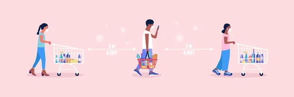 Illustrazione Persone Supermercato Concetto Distanza Sociale Illustrazione Vettoriale Piatta Colorata — Vettoriale Stock