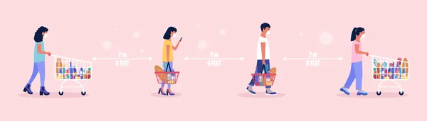 Иллюстрация Людей Супермаркете Социальное Дистанцирование Цветная Плоская Векторная Иллюстрация — стоковый вектор