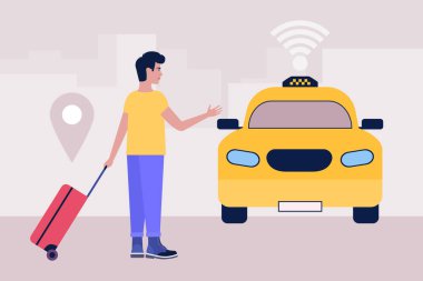 Taksi konsepti. Bagajlı genç bir adam taksi çağırır. Renkli düz vektör illüstrasyonu.