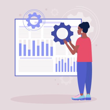 Rapor çizelgesi, iş istatistiği ve analiz için fikir üreten genç bir kadın.