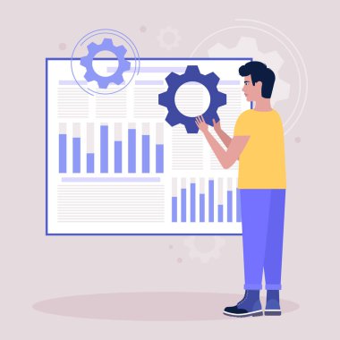 Genç adam vites tutuyor ve rapor çizelgesi, iş istatistiği ve analiz için fikirler üretiyor.