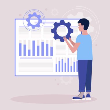 Genç adam vites tutuyor ve rapor çizelgesi, iş istatistiği ve analiz için fikirler üretiyor.