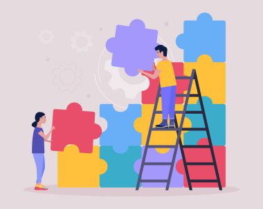 Kayıp bulmacanın parçalarını birbirine bağlayan insanların bir tasviri. Problem çözme konsepti. Bulmaca çözeltisi. Doğru seçim. Düz bir şekilde vektör illüstrasyonu